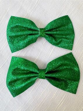 Kelly Green Glitter Hair Bow Clips Set of 2 Handmade Large Bows